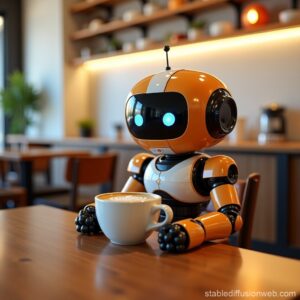 A cute robot drinking coffee in a cafe